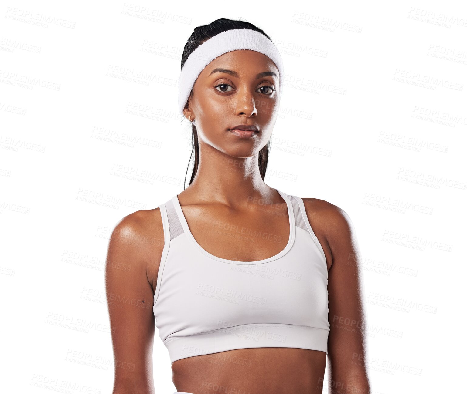 Buy stock photo Portrait, fitness and PNG with a woman tennis player isolated on a transparent background for health or sports. Exercise, focus and serious with a female indian athlete looking ready for a game