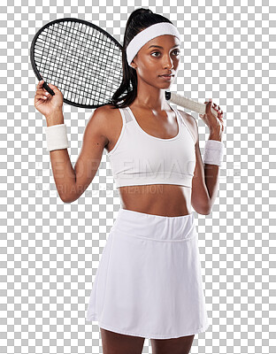 Buy stock photo Tennis, serious and woman with sports racket isolated on a transparent png background. Focused young athlete, indian female and thinking with bat about competition, fitness goals and action training