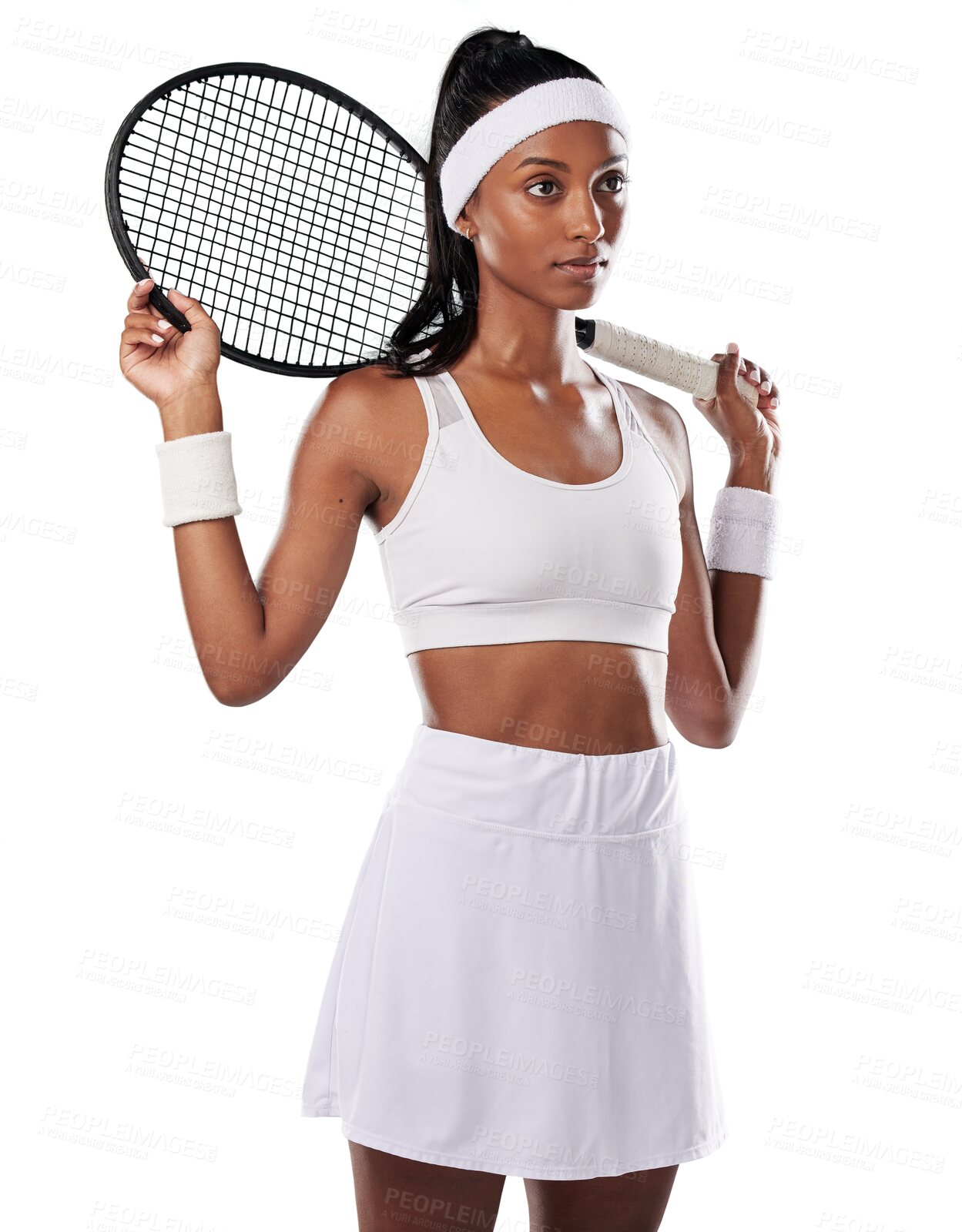 Buy stock photo Tennis, serious and woman with sports racket isolated on a transparent png background. Focused young athlete, indian female and thinking with bat about competition, fitness goals and action training