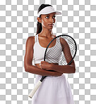 Thinking tennis player, fitness athlete and active woman ready for training with racket in cool fashion and sports uniform while posing on green studio background. Healthy and serious young female isolated on a png background