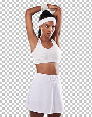 Buy stock photo Tennis, serious woman and stretching arms for fitness body isolated on a transparent png background. Focused young athlete, indian female and warm up muscles to start training, sports and exercise