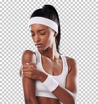 Buy stock photo Tennis, woman and arm injury from sports, joint pain and first aid emergency isolated on a transparent png background. Young female athlete, accident and problem of injured muscle, stress and fitness