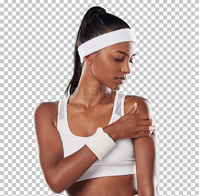 Buy stock photo Woman, sport and shoulder injury in tennis by png background for body, training and stress for game. Isolated professional athlete, girl and sports accident for exercise, workout and muscle pain