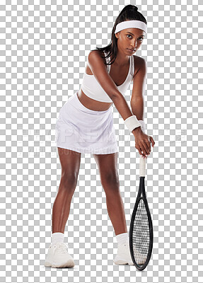 Buy stock photo Portrait, fitness and PNG with a woman tennis coach on a transparent background for health or sports. Exercise, focus and serious with a female indian athlete looking ready for a game on a court