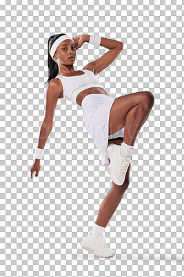 Buy stock photo Portrait, sports and balance with a woman tennis player on a PNG background for health or fitness. Exercise, focus and transparent with a female indian athlete looking ready for a game on a court