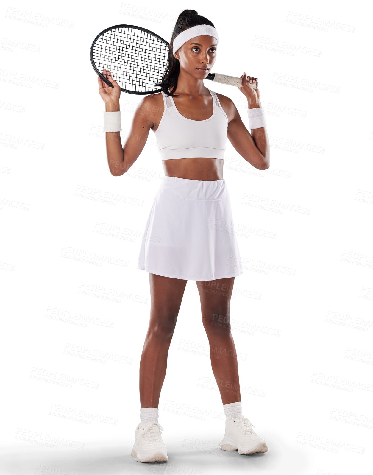 Buy stock photo Tennis, serious woman and thinking with sports racket isolated on a transparent png background. Focused young athlete, indian female and uniform with bat for contest, vision and competition goals