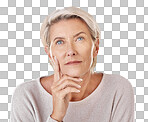 A Mature, thinking and woman touching her face in Copy space for anti ageing skincare  or cosmetic products for senior feeling her skin and wrinkles headshot isolated on a png background