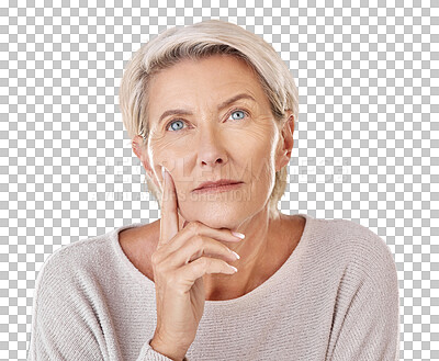 Buy stock photo Face, thinking and finger of senior woman looking thoughtful and png isolated on a transparent background. Idea, wellness and mindset with a mature female contemplating a thought, choice or decision