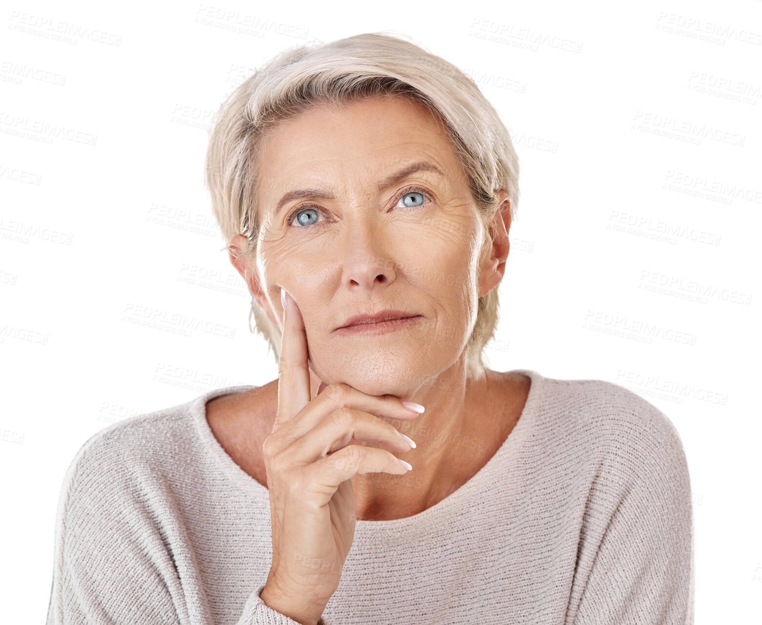 Buy stock photo Face, thinking and finger of senior woman looking thoughtful and png isolated on a transparent background. Idea, wellness and mindset with a mature female contemplating a thought, choice or decision