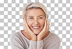 A Portrait of woman showing beauty skincare with smile, happiness with dental health and face of healthy elderly person in retirement. Headshot of woman model with cosmetics, skin wellness and hair isolated on a png background
