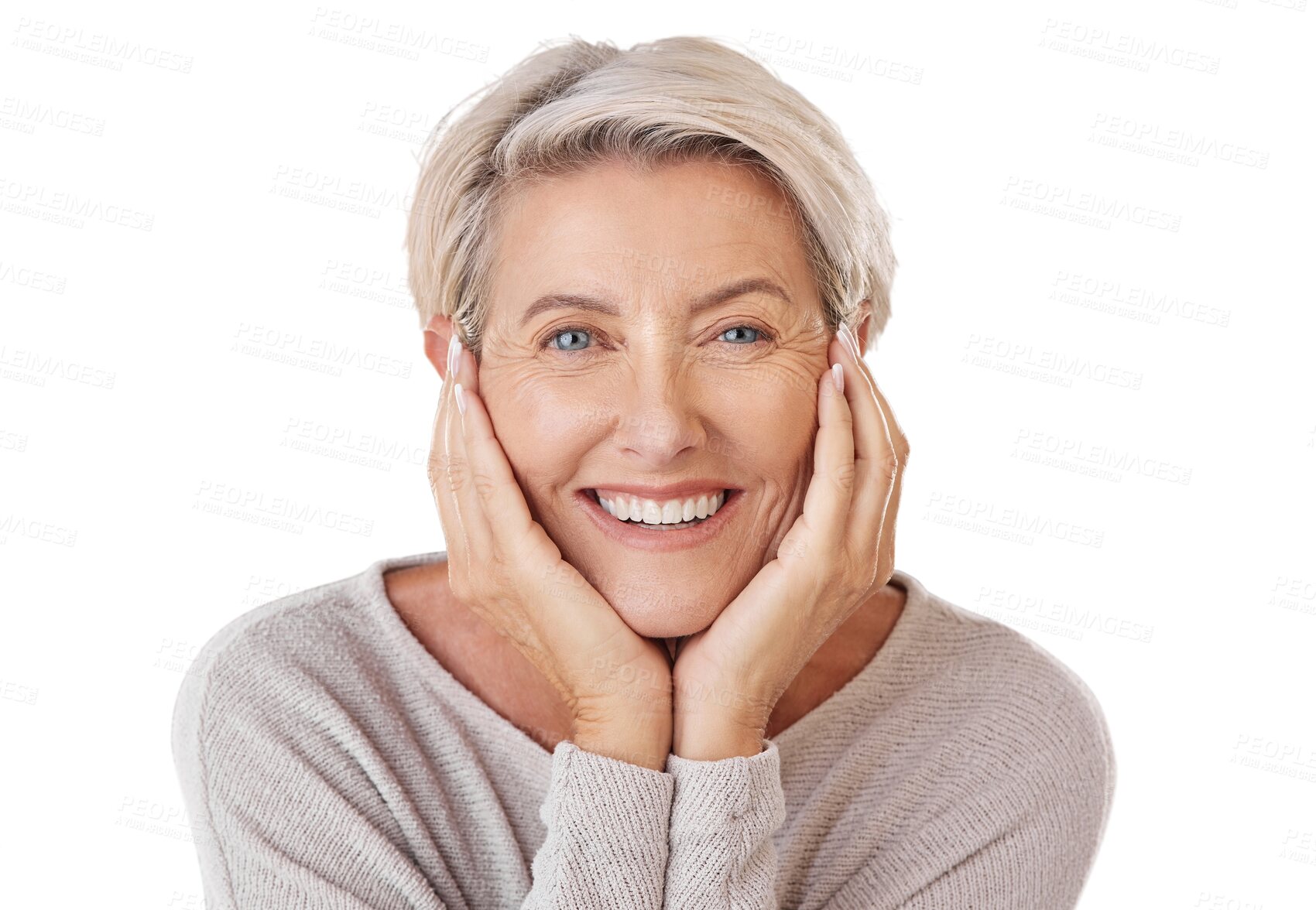 Buy stock photo Portrait, happy and senior woman isolated on a transparent, png background for beauty, skincare and natural makeup. Smile, face and elderly person or model headshot of cosmetics results or anti aging