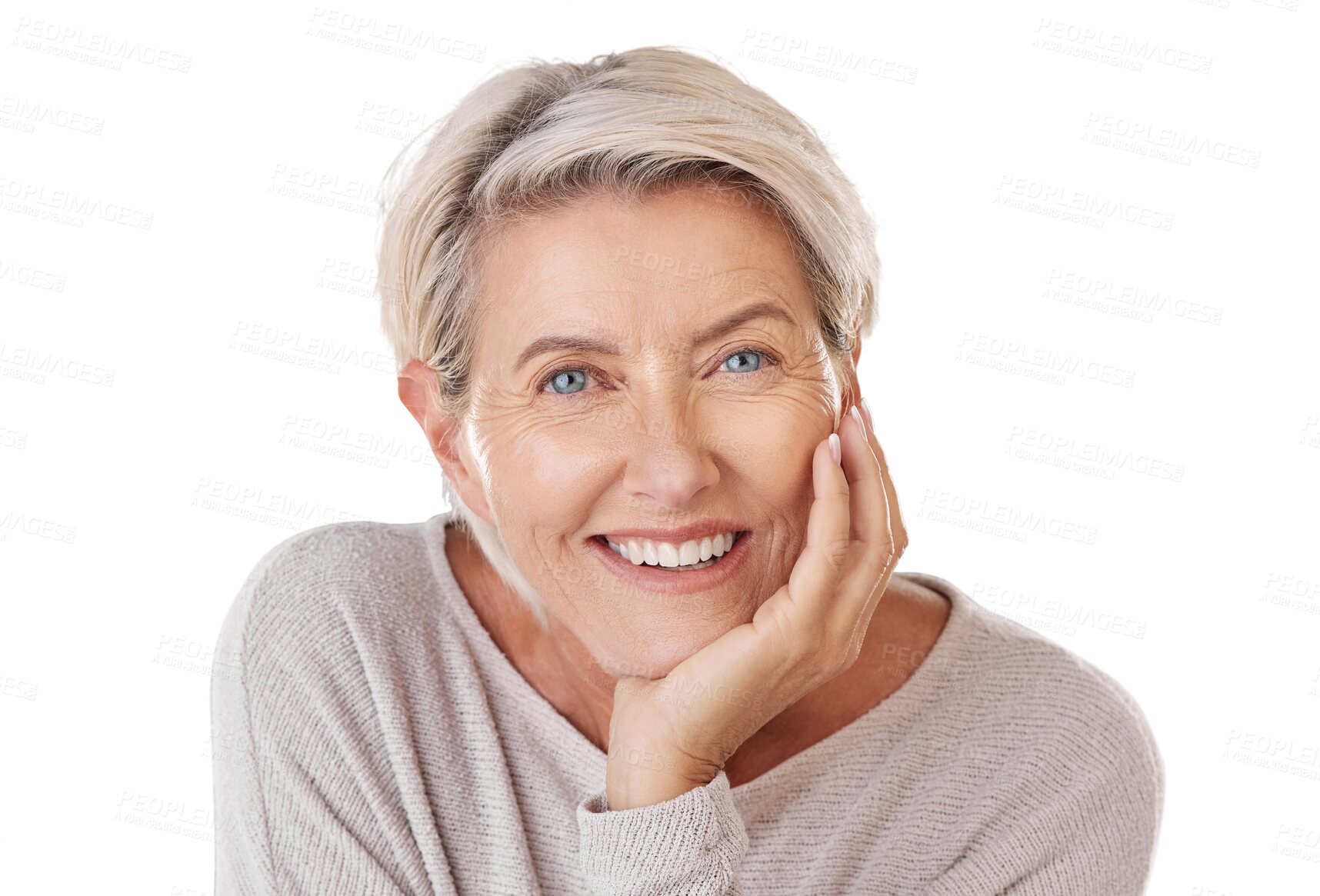 Buy stock photo Portrait, smile and senior woman with confidence, freedom and carefree isolated on a transparent png background. Face, mature female model and happy old person with happiness, retirement and wellness