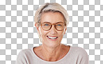 A Portrait of one beautiful caucasian mature woman wearing glasses. Senior woman smiling and showing her bright dentures in a studio isolated on a png background
