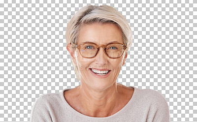 Buy stock photo Portrait, glasses and PNG with a senior woman isolated on a transparent background for vision or optometry. Face, eyewear or insurance with a happy mature female wearing new frame prescription lenses