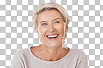 Grooming, skincare and face of happy mature woman laughing Senior female feeling fresh, enjoying free time with self care hygiene treatment. Joy after routine pamper isolated on a png background