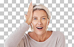 Thinking, idea or memory with a senior woman knocking her head with her hand to remember or forget in Face portrait of a model with grey hair having a light bulb moment isolated on a png background