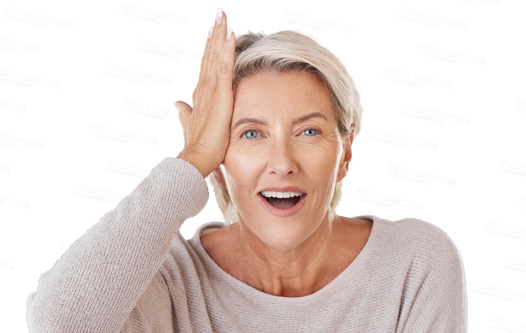 Buy stock photo Portrait, hands or oops for senior woman isolated on transparent PNG background feeling forgetful. Face, memory or expression of a mature female looking confused or in doubt while remembering an idea