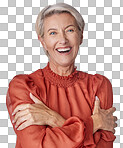 A Cheerful mature woman laughing and hugging herself Happy senior woman embracing and loving herself. Confident caucasian woman practicing self love isolated on a png background