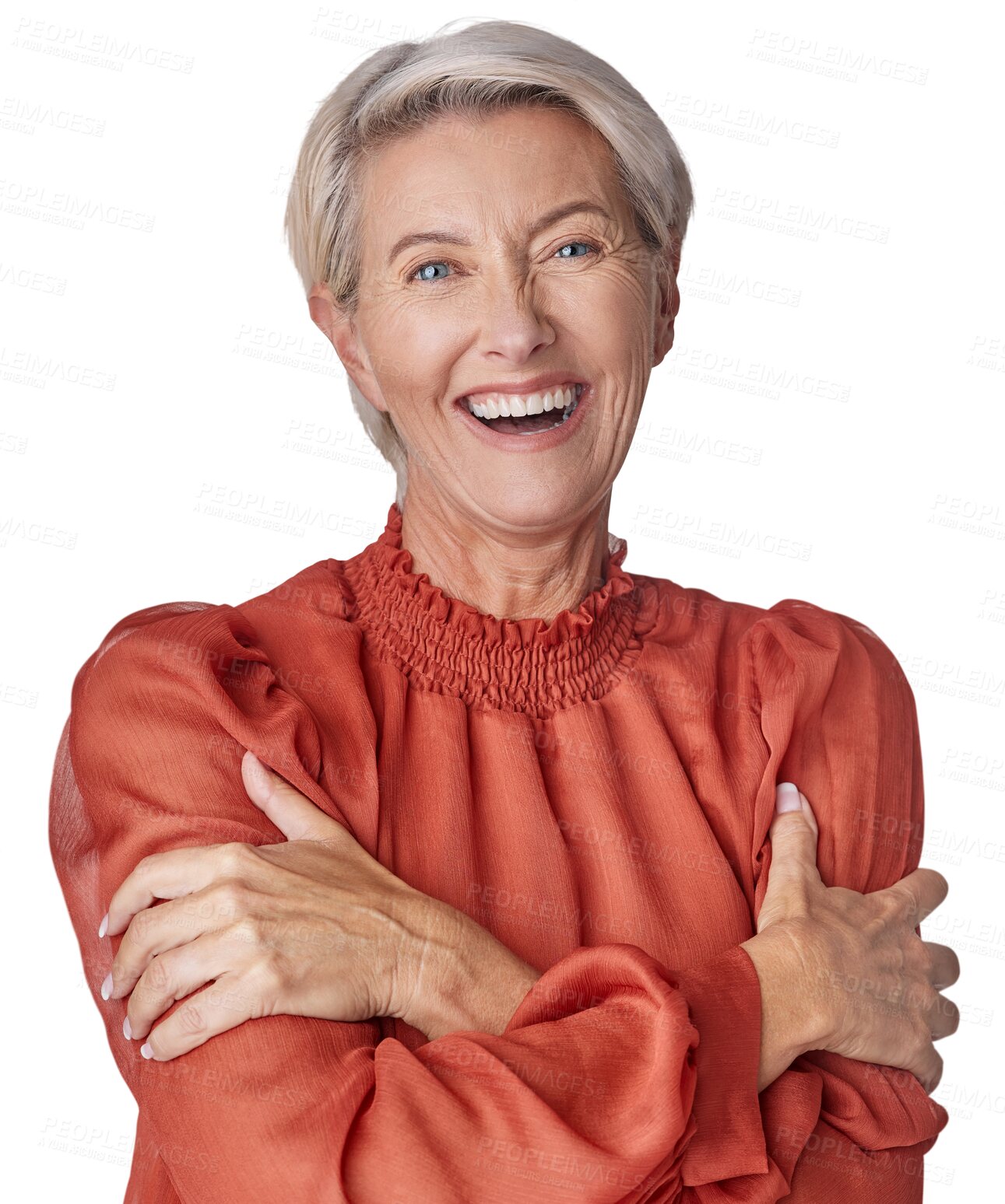 Buy stock photo Senior woman, portrait and hug or self love isolated on transparent, png background for happy lifestyle. Fashion, health and mature model or face of elderly person with smile, care and happiness