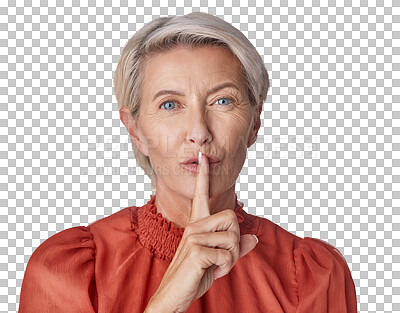 One mature caucasian woman gesturing with a finger on her lips to be quiet and keep a secret Ageing woman hushing for silence and whispering a scandal isolated on a png background