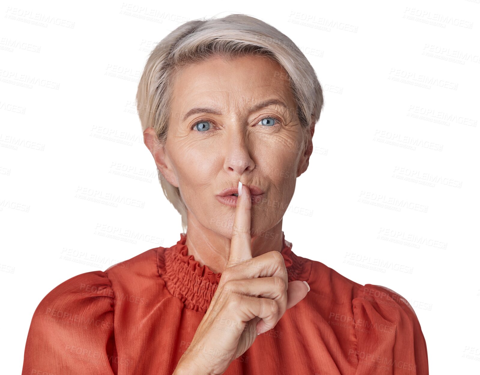 Buy stock photo Senior woman, finger and secret in portrait by png background for noise, silence and gossip. Elderly female, isolated model or business woman with hand gesture by closed mouth for private information