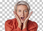 Shocked, surprised and old face of a beautiful senior woman with a wow facial expression. Portrait of an old and elderly female in shock about a retail sale deal, secret or good news or announcement isolated on a png background