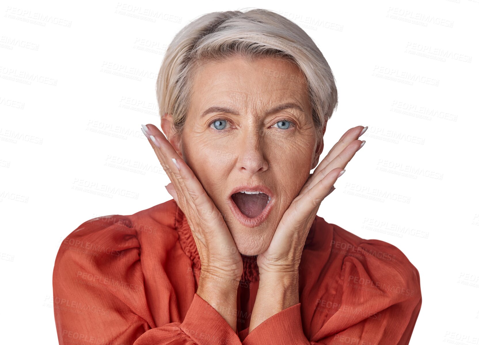 Buy stock photo Portrait, wow and senior woman with surprise, facial expression and news isolated on a transparent background. Face, mature female or happy lady with shock, omg or announcement against a png backdrop