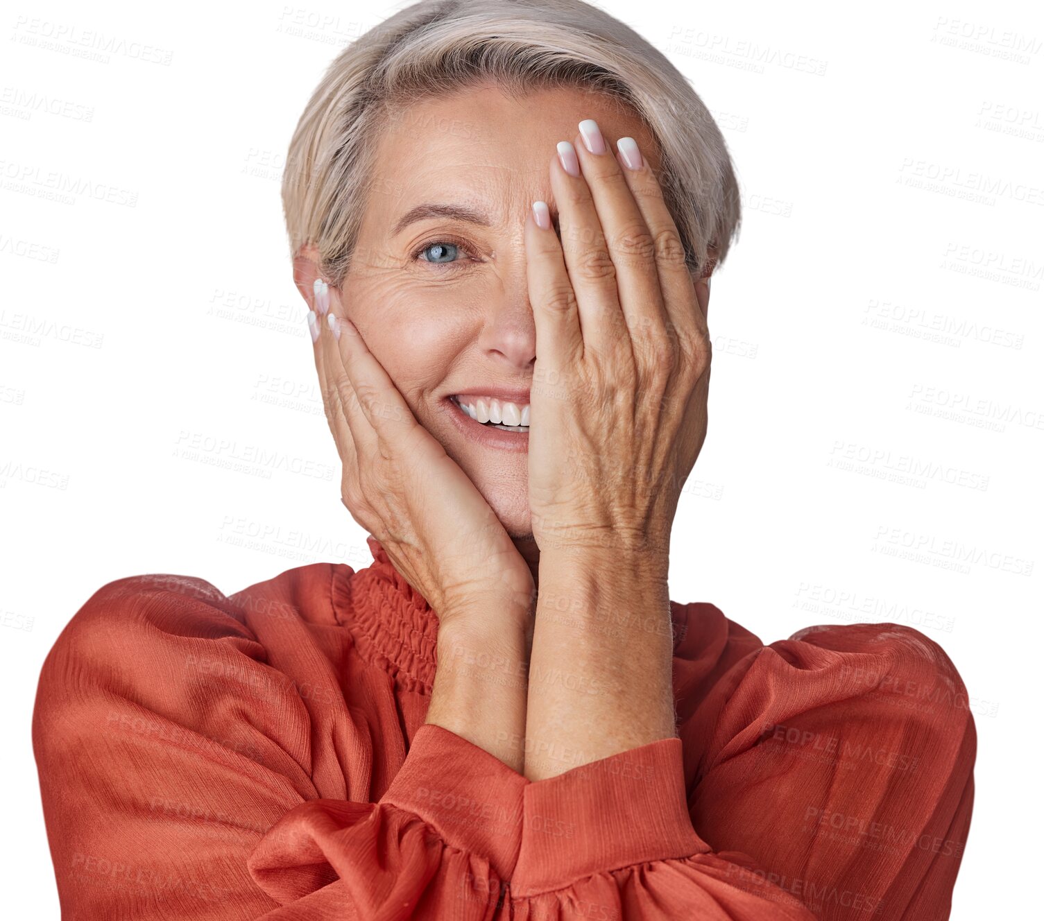 Buy stock photo Happy, covering face and portrait of a woman isolated on a transparent png background. Smile, hiding and an elderly model showing half of facial expression, looking happy and playful for anti aging