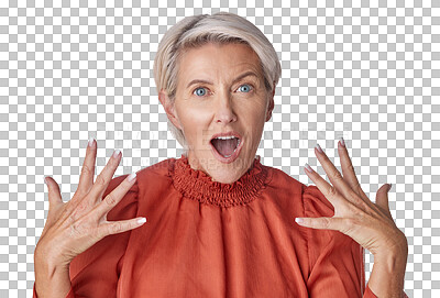 Buy stock photo Portrait, wow and a senior woman isolated on a transparent background in shock or PNG awe emoji. Face, surprise and expression with a mature female looking amazed by an announcement or notification