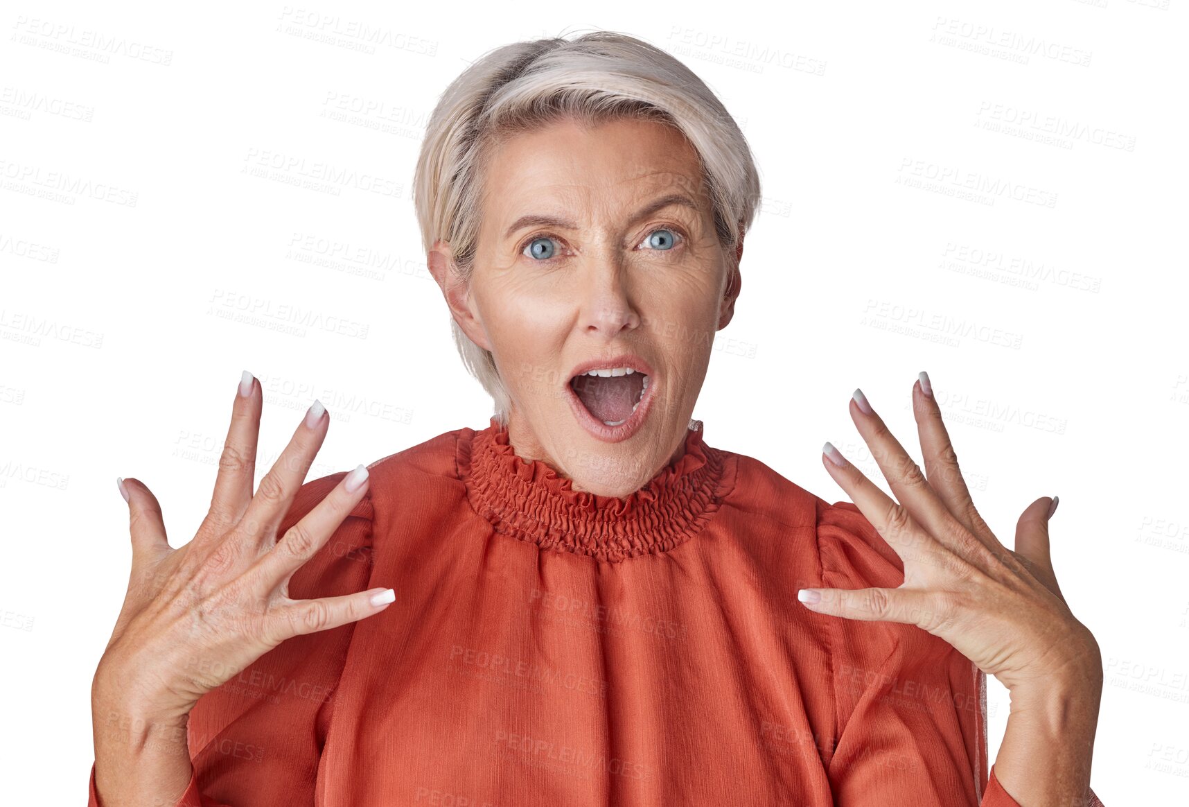 Buy stock photo Portrait, wow and a senior woman isolated on a transparent background in shock or PNG awe emoji. Face, surprise and expression with a mature female looking amazed by an announcement or notification