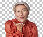 One happy mature caucasian woman blowing a kiss with her hands Ageing female using body language to express love, kindness, flirting and affection with a gesture isolated on a png background