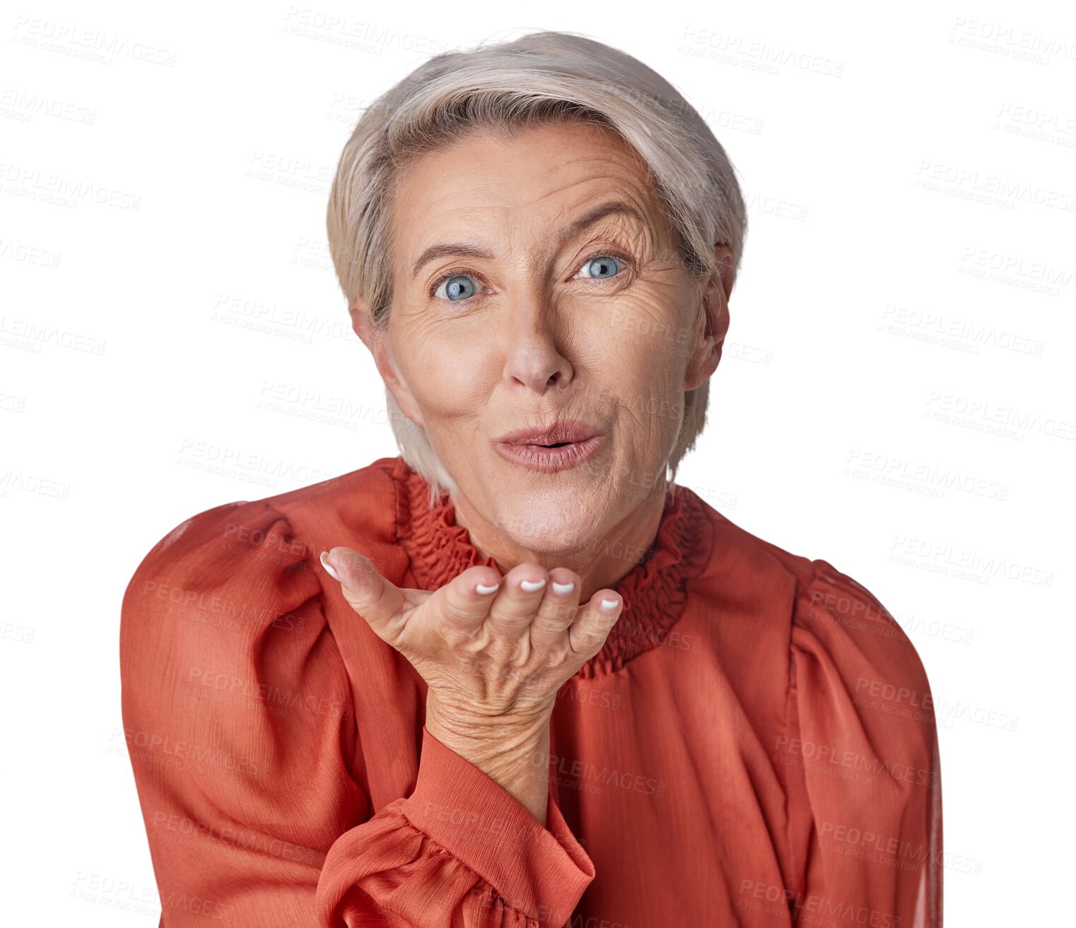 Buy stock photo Blowing kiss, happy and portrait of a woman isolated on a transparent png background. Smile, happiness and an elderly lady showing love, care and flirting with a gesture and expression of charm