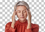 One mature woman suffering with a headache and looking stressed while posing Ageing woman experiencing anxiety and fear in a studio isolated on a png background