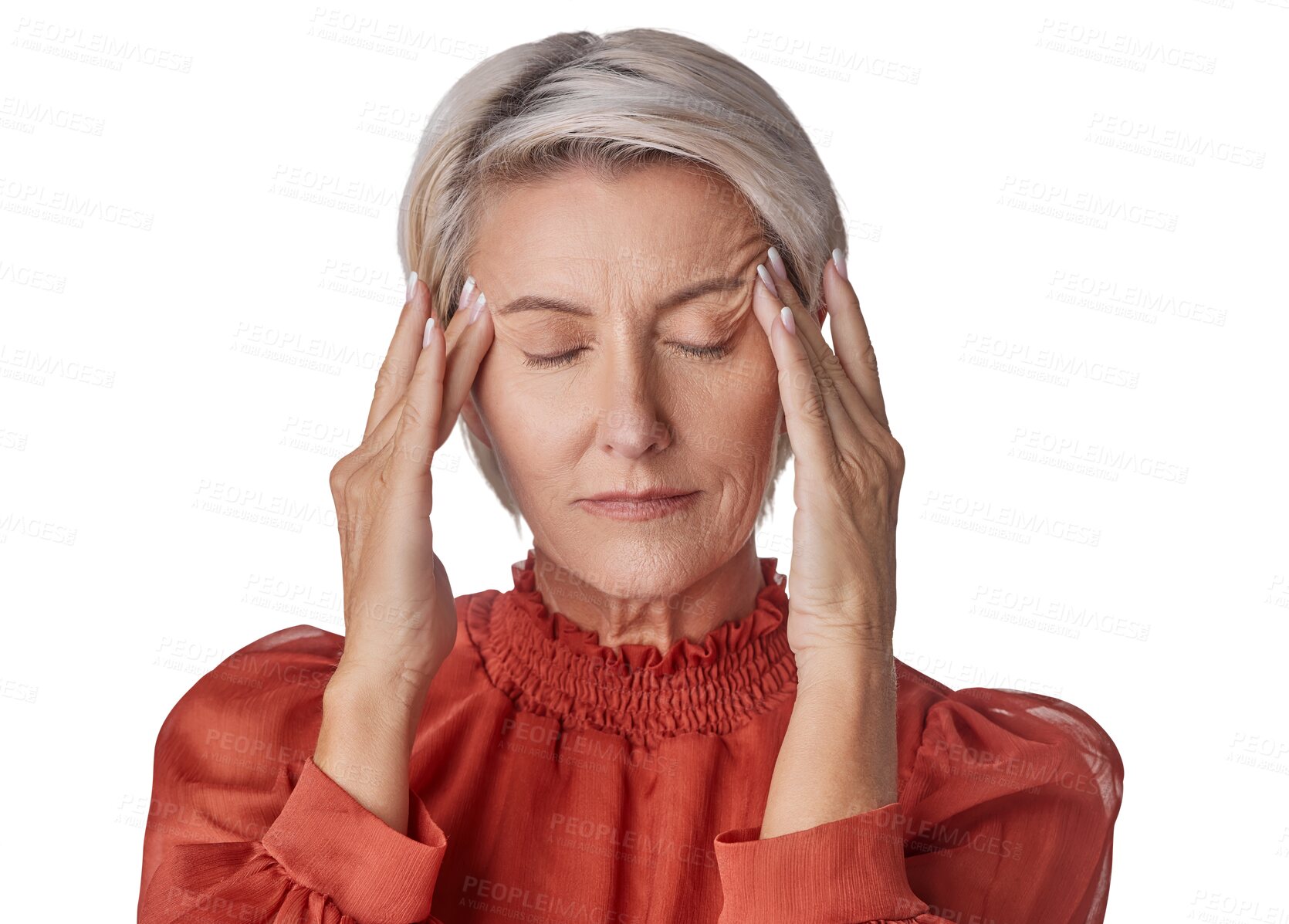 Buy stock photo Senior woman, headache and stress isolated on transparent, png background confused, massage temple and thinking of problem. Brain fog, pain or tired manager person in work decision, memory or anxiety