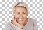 Skincare, beauty and happy senior woman or face model   with healthy teeth giving a smile on a headshot studio portrait. Dental, wellness and cosmetic surgery for elderly women to stay beautiful isolated on a png background