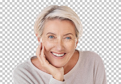 Buy stock photo Portrait, smile and senior woman isolated on a transparent PNG background and feeling happy or positive. Face, confident and retirement with a mature female model with beauty, skin or natural makeup