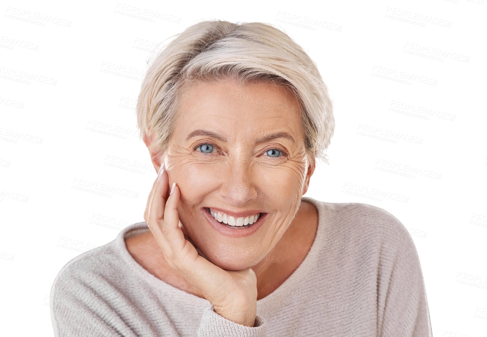 Buy stock photo Portrait, smile and senior woman isolated on a transparent PNG background and feeling happy or positive. Face, confident and retirement with a mature female model with beauty, skin or natural makeup