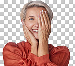 Eye, half and smile of a senior woman in a studio. Portrait of an elderly model lady in beauty with hands over her face in wellness, health and teeth isolated on a png background