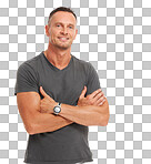 A Mature, happy and proud man portrait feeling healthy and fit from wellness and sports with mockup. Male model, smiling and happiness with crossed arms alone and mock up with a smile and positivity isolated on a png background