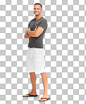 A Portrait, mockup and fashion with a man in standing arms crossed. Marketing, advertising and mock up with a mature male posing on black product placement space isolated on a png background