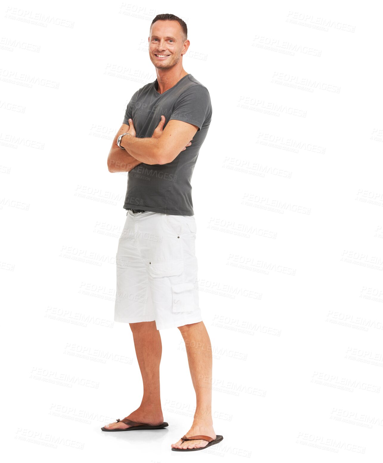 Buy stock photo Full body portrait on man with smile, arms crossed and happy with positive mindset isolated on transparent, png background. Male model, casual clothes and positivity with pride and confidence