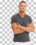 A Handsome, attractive and man model portrait feeling healthy and fit in mockup. Male, person and confidence with crossed arms alone and mock up with a smile and positivity isolated on a png background