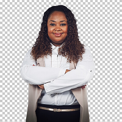 Buy stock photo Arms crossed, portrait or happy black woman with business or success isolated on transparent png background. Entrepreneur, confident or worker standing with positive mindset or motivation for company