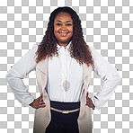 A Happy African woman with hands on hips, isolated portrait of businessperson. Black model posing smile for profile picture, motivation for success and confident professional isolated on a png background