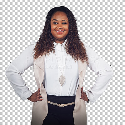 Buy stock photo Hands on hips, portrait or happy businesswoman with success isolated on transparent png background. Entrepreneur, confident or African person standing with positive mindset or motivation for company