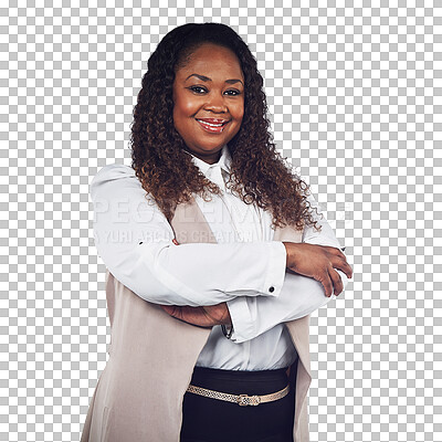 Buy stock photo Corporate black woman in portrait, smile with arms crossed isolated on transparent, png background. Happiness, mission and professional mindset, female person in business, pride and career success