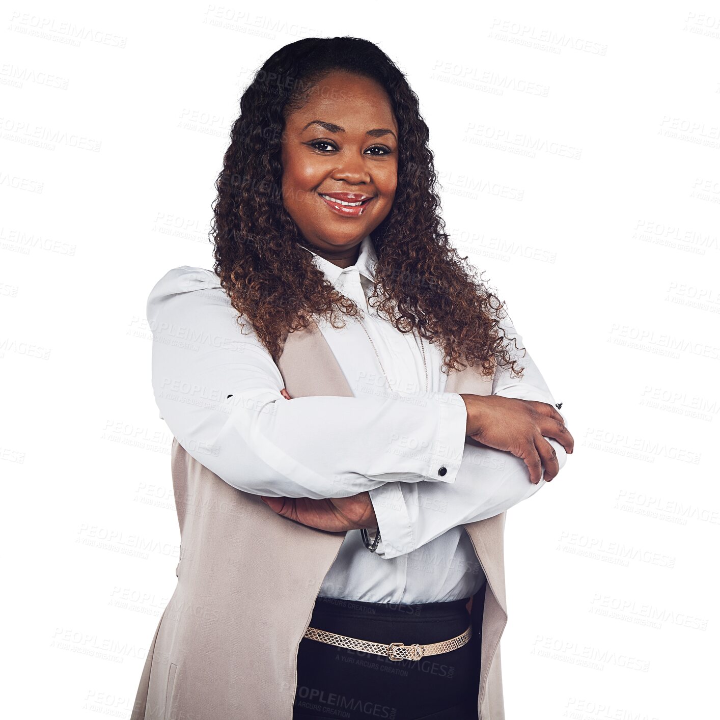 Buy stock photo Corporate black woman in portrait, smile with arms crossed isolated on transparent, png background. Happiness, mission and professional mindset, female person in business, pride and career success