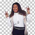 A Excited, peace sign and black woman worker portrait of a business person with a smile. White background, employee and professional african female with cool hand sign isolated with happiness and proud isolated on a png background