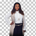 A portrait of black woman in business with confidence, pride and leadership. Marketing, advertising and corporate woman with happy smile and empowerment with mockup isolated on a png background