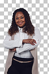 A African businesswoman with smile a portrait of person with arms crossed and a white background. Black model posing for profile picture, happy face and confident professionalism isolated on a png background